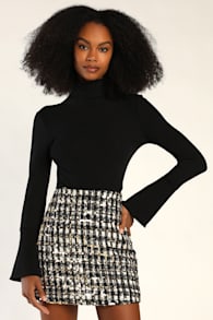 Bubbly Vibe Black White and Gold Sequin Boucle Mini Skirt 2