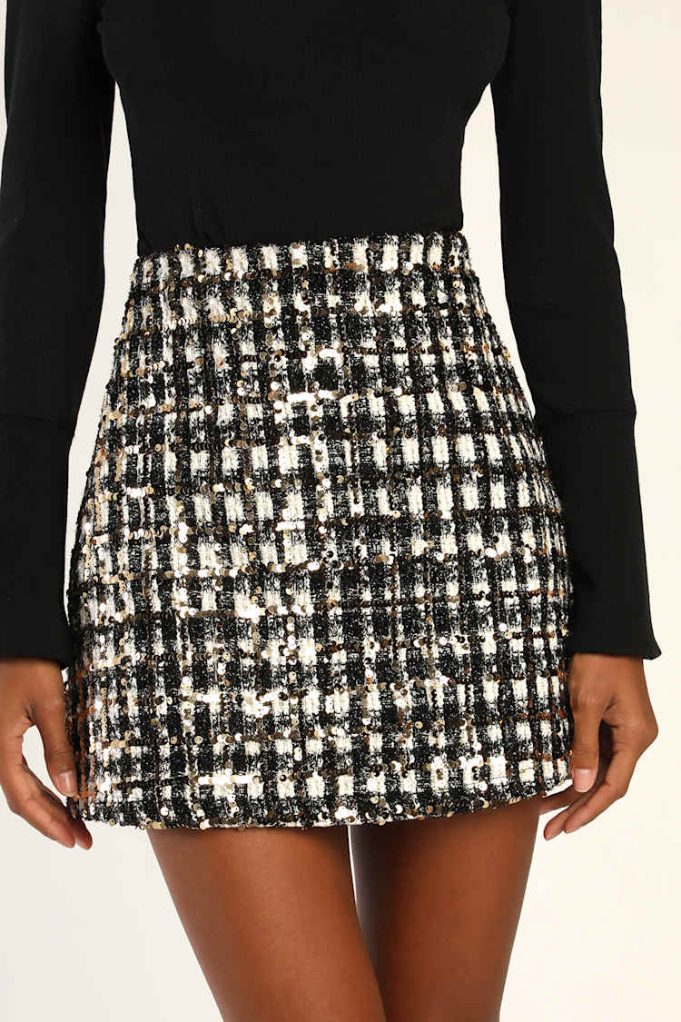 Bubbly Vibe Black White and Gold Sequin Boucle Mini Skirt