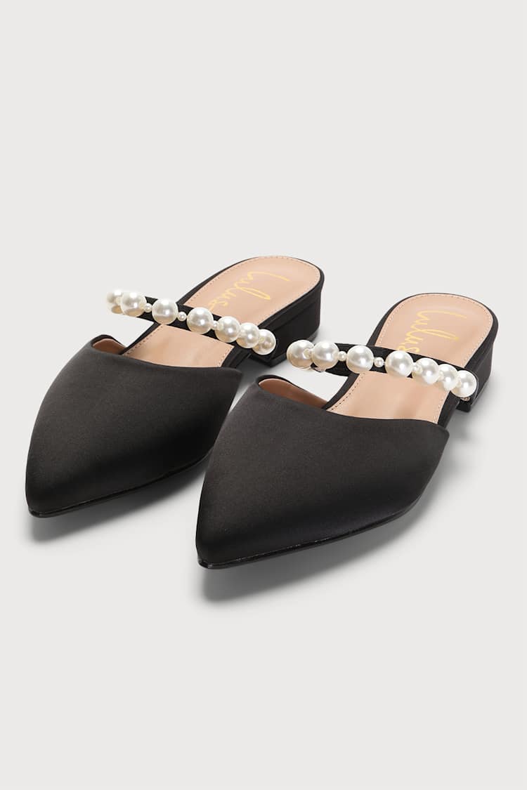 Black Satin Pearl Pointed-Toe Mule Slides | Womens | 5.5 (Available in 8.5, 8, 7.5, 7, 9, 10, 11) | Lulus | Flats