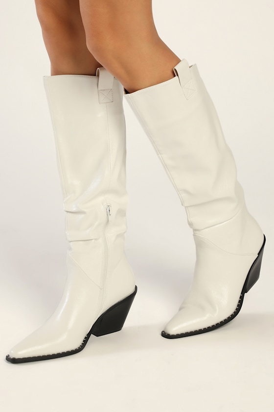 White KneeHigh Boots WesternStyle Boots Faux Leather Boots Lulus
