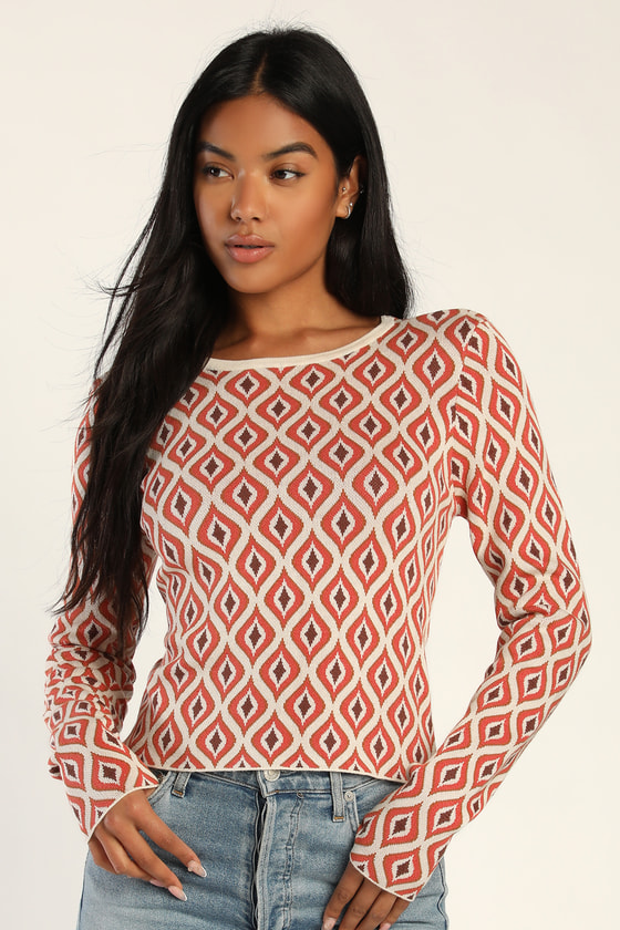 Taupe Geo Print Top - Cutout Sweater - Long Sleeve Sweater Top - Lulus