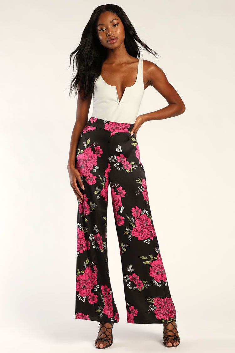 Thriving Vibes Black Floral Print Satin Wide-Leg Pants