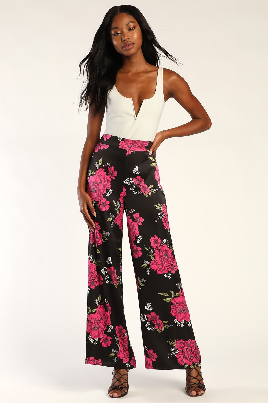 Bold Floral Print Satin Pants