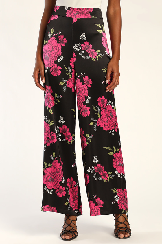 Thriving Vibes Black Floral Print Satin Wide-Leg Pants