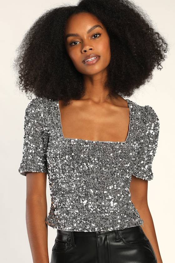 Sparkling Marvel Silver Sequin Square Neck Crop Top 4