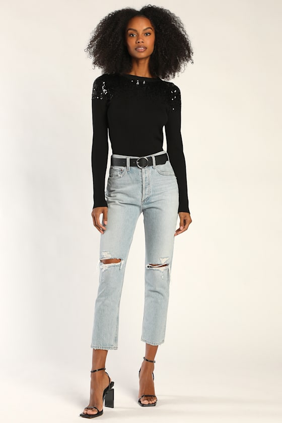 Seasonal Shine Black Ribbed Knit Sequin Long Sleeve Top 4