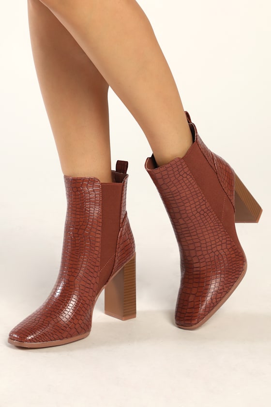 Kazia Brown Crocodile-Embossed Mid-Calf Boots 5