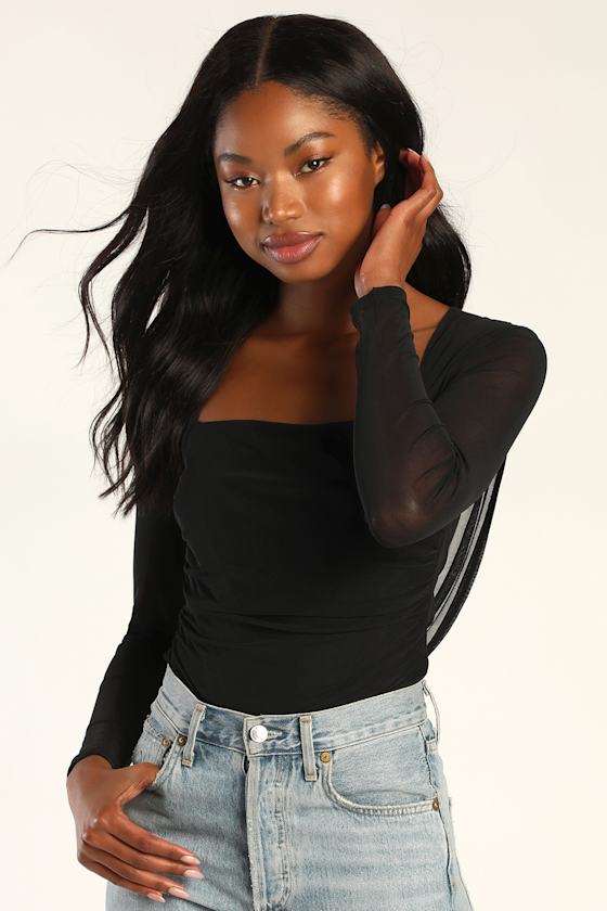 Sheer Fashion Black Mesh Cowl Back Long Sleeve Bodysuit 6