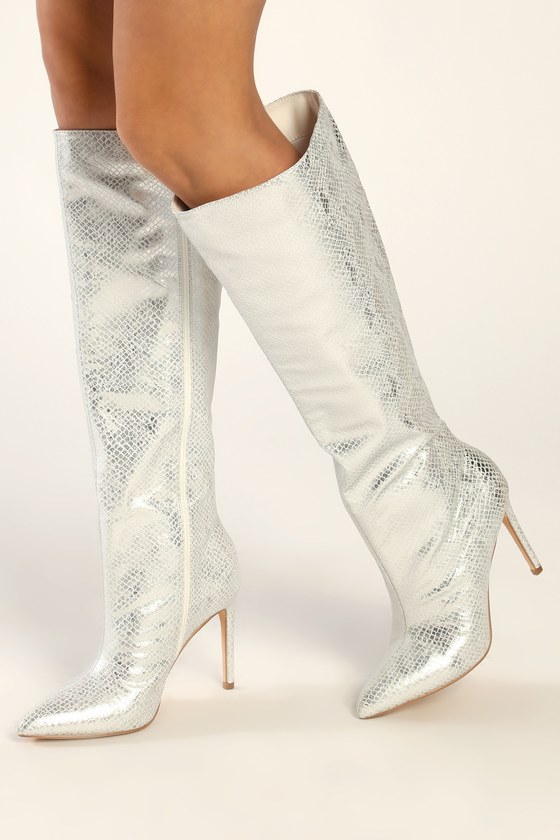 Lulus Weist Silver Metallic Snake-embossed Pointed-toe Knee High High Heel Boots