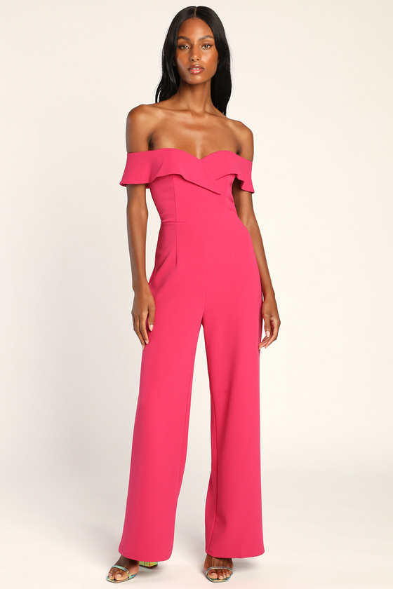 Hot Pink Jumpsuit - Wide-Leg Jumpsuit - Off-the-Shoulder Jumpsuit - Lulus