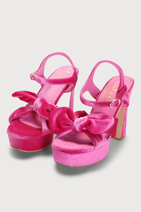 Lyeluh Hot Pink Velvet Bow Platform Heels 3