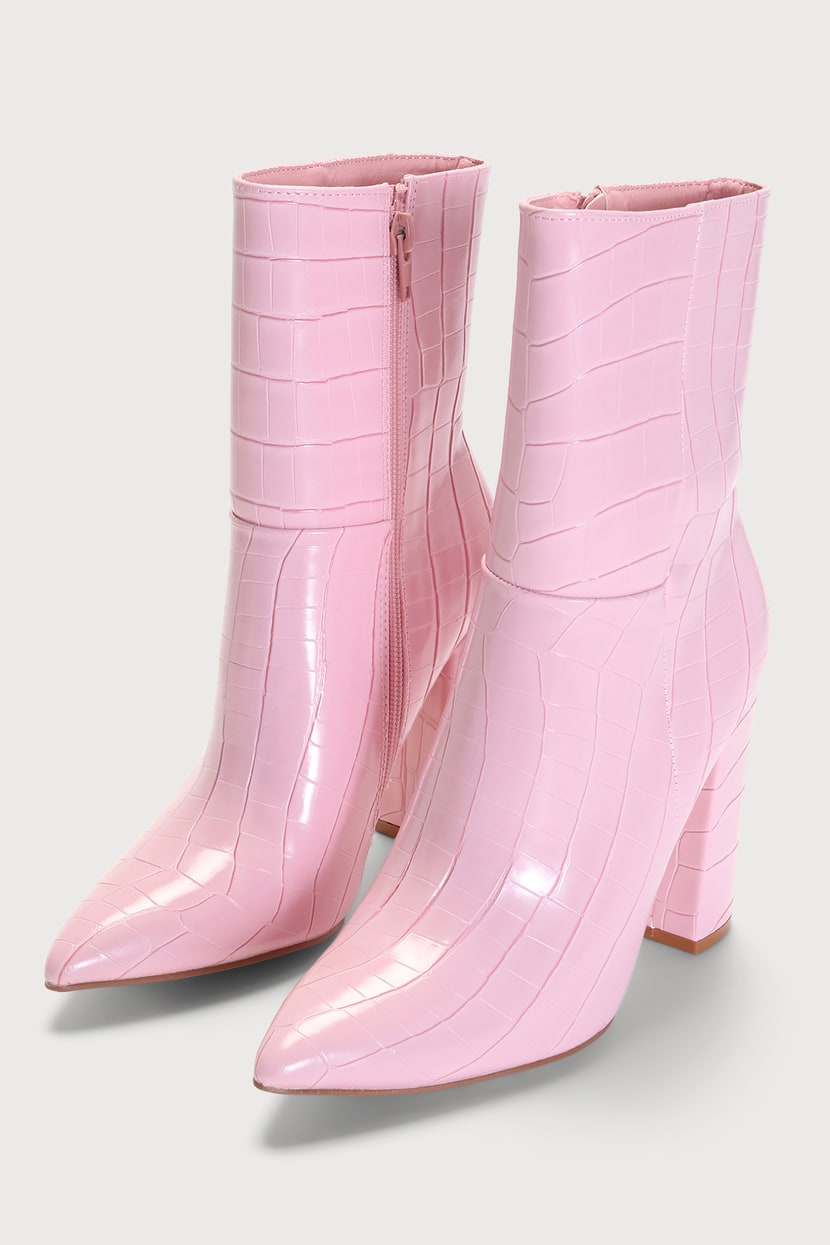 Mindre end Dejlig Trickle Pink Crocodile-Embossed Boots - Mid-Calf Boots - Trendy Boots - Lulus