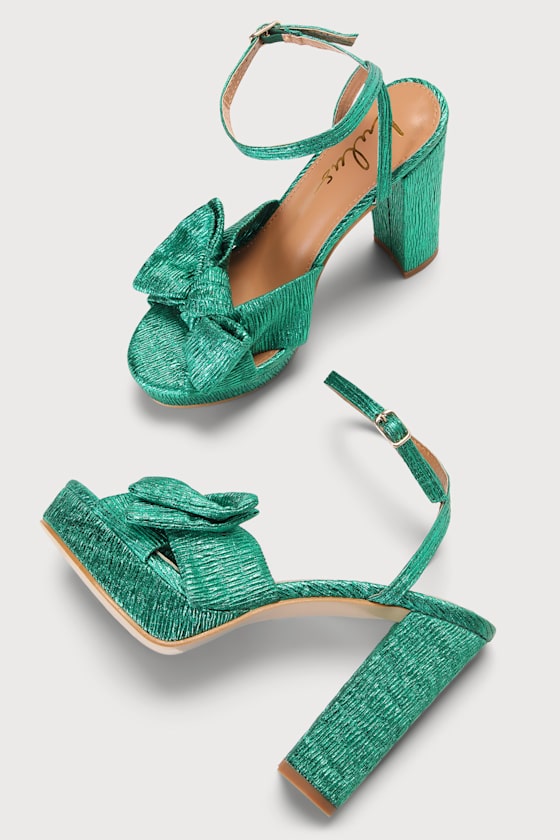 Lilsa Green Metallic Bow Platform Ankle Strap Heels 4