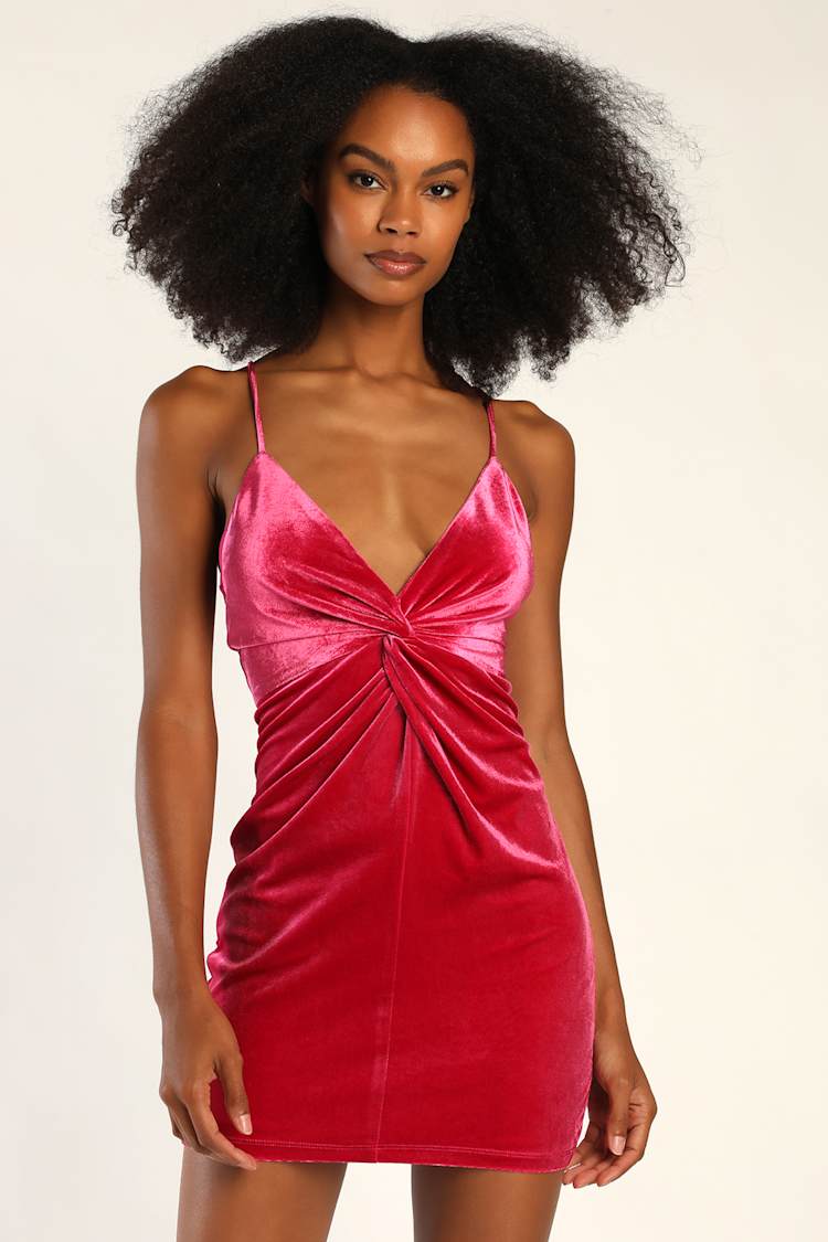 Flirty Era Hot Pink Velvet Twist-Front Bodycon Mini Dress Flirty Era Hot Pink Velvet Twist-Front Bodycon Mini Dress