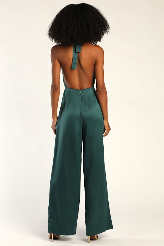 Jump Into Style Emerald Green Satin Halter Wide-Leg Jumpsuit 5