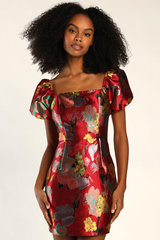 Red Floral Dress - Jacquard Mini Dress - Puff Sleeve Dress - Lulus