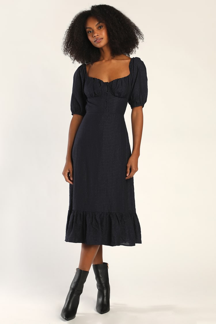 Charming Cutie Navy Blue Puff Sleeve Backless Midi Dress