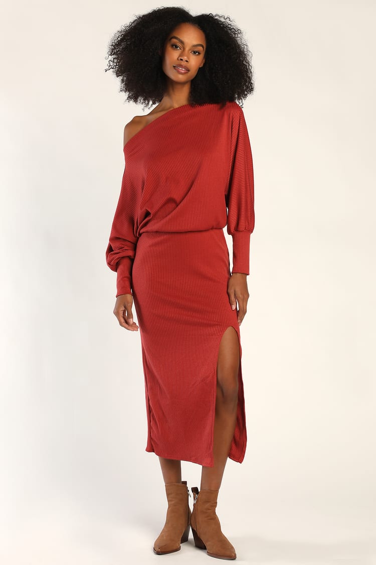 City Street Chic Rust Red Off-the-Shoulder Midi Dress
