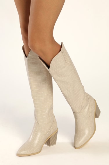 Renuu Bone White Crocodile-Embossed Pointed-Toe Knee-High Boots