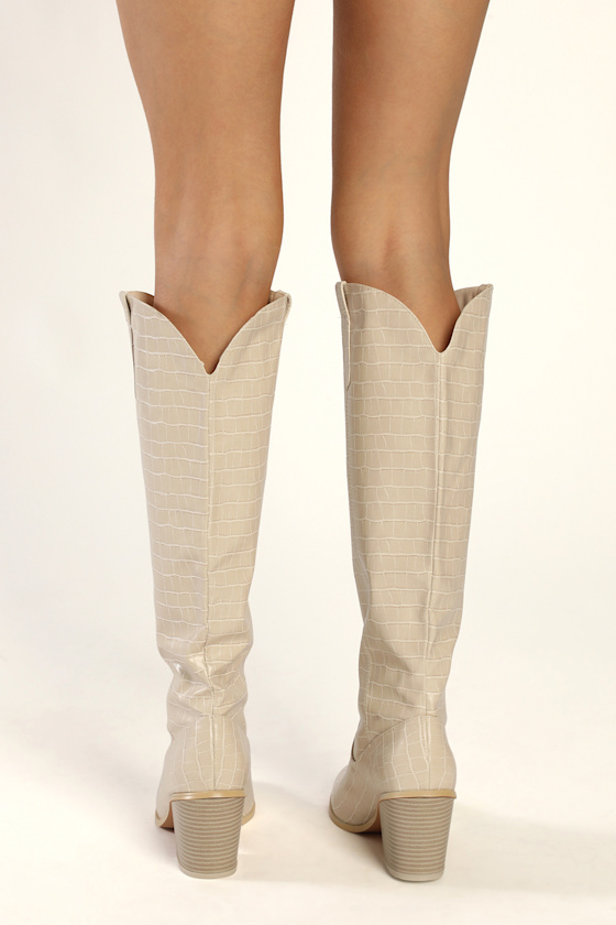 Renuu Bone Crocodile-Embossed Pointed-Toe Knee-High Boots 5
