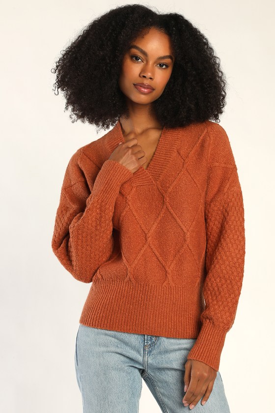Fireside Vibe Rust Orange Diamond Knit Sweater