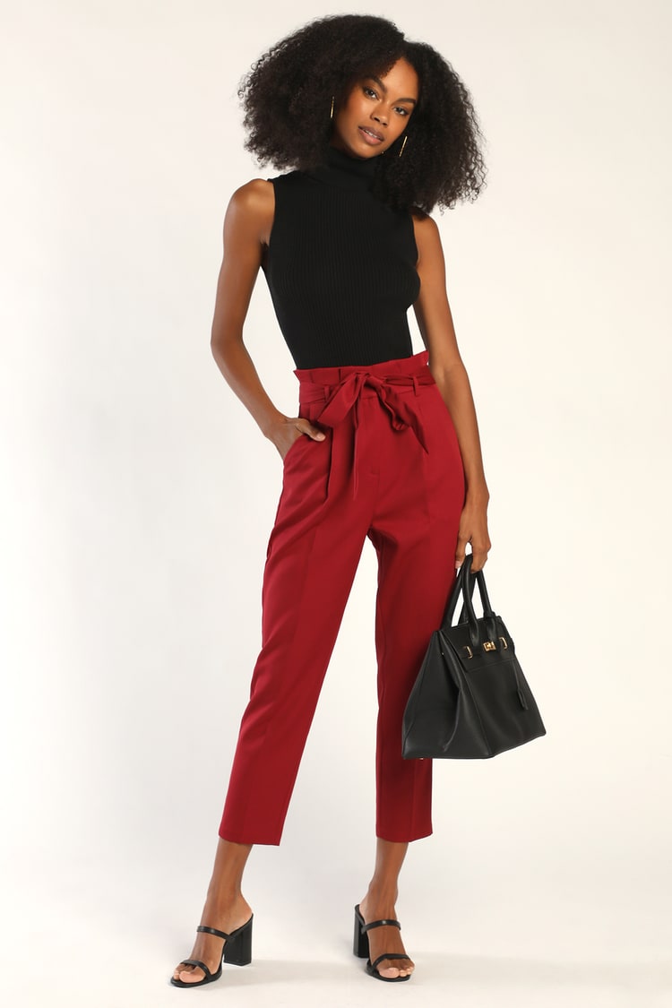 Chic Wine Red Trousers - Waist - Red Office Pants