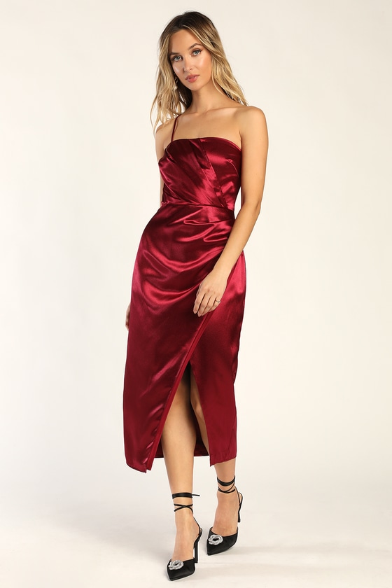 Lulus Glamorous Entrance Wine Red Satin One Shoulder Midi Dress