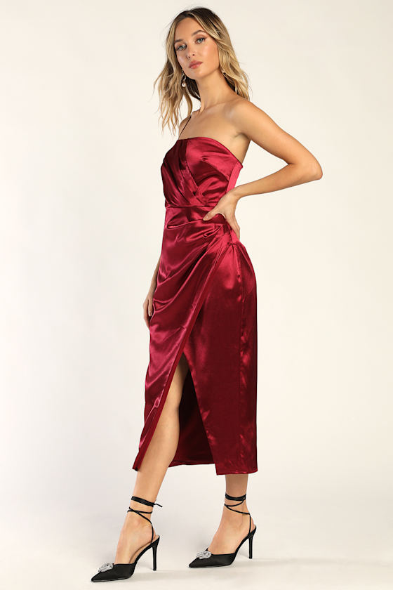 Glamorous Entrance Wine Red Satin One Shoulder Midi Dress 2
