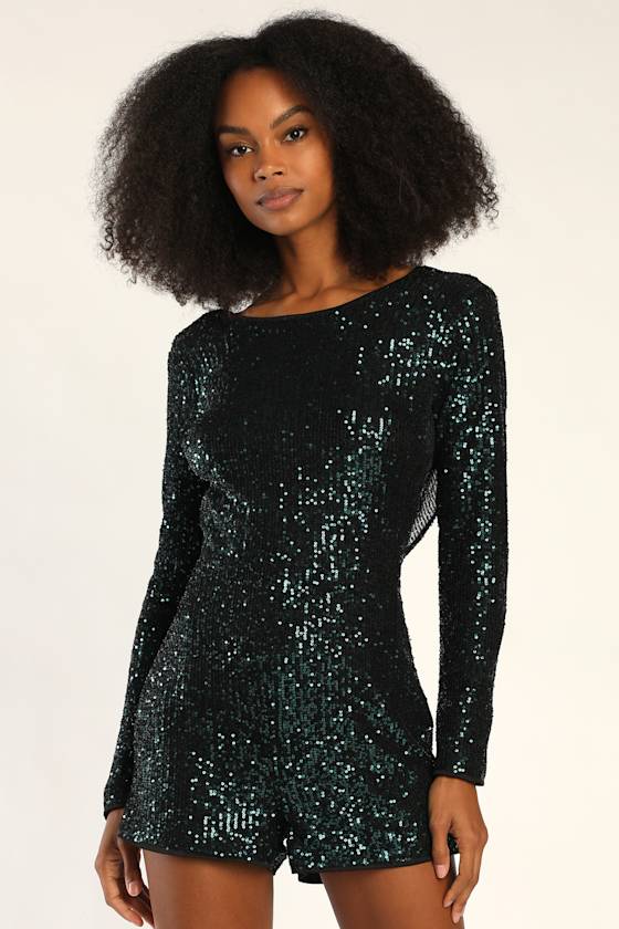 Teal Green Sequin Romper Cowl Back Romper Long Sleeve Romper Lulus