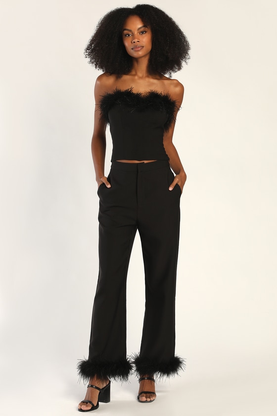 Feather-Trimmed Pants - Black Pants - Black Straight Leg