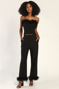 Flair for the Fabulous Black Feather Straight Leg Pants