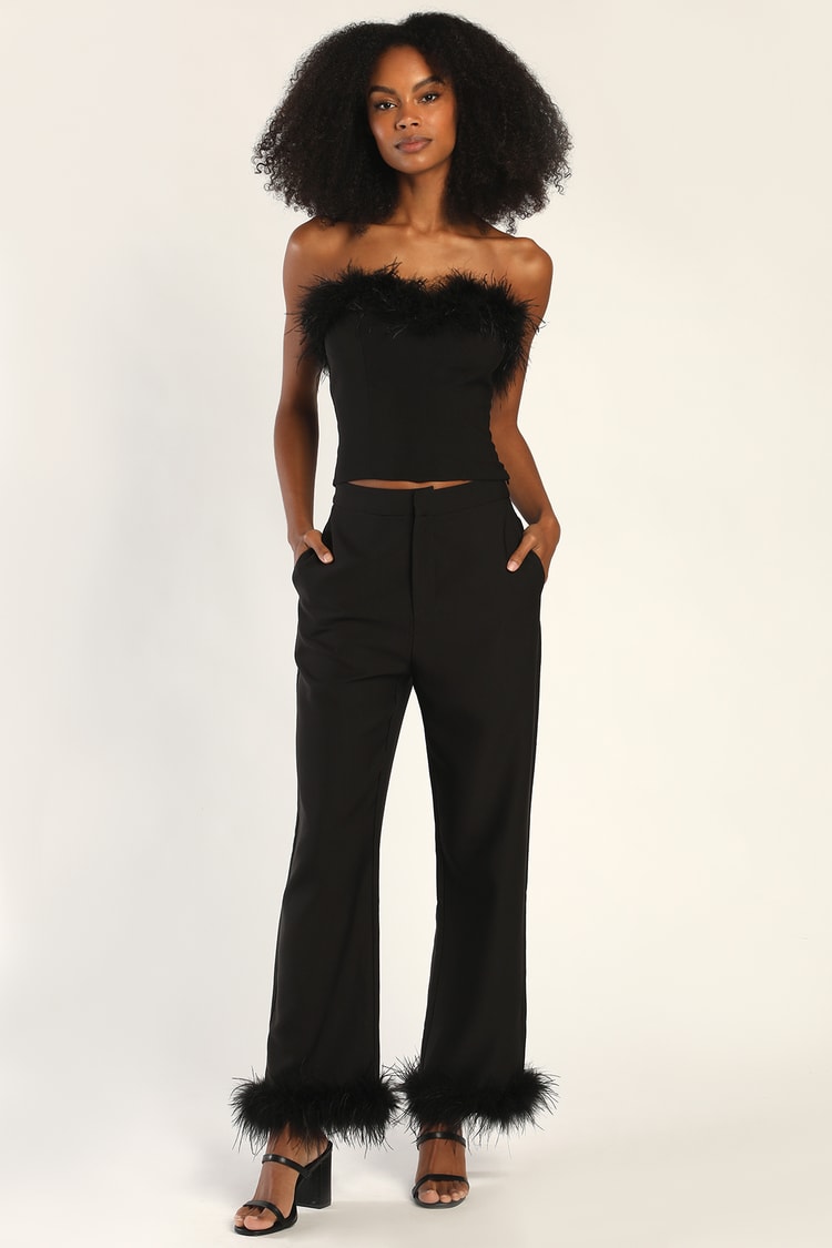 Black Feather Straight Leg Pants | Womens | X-Large (Available in XS, S, M, L) | Lulus