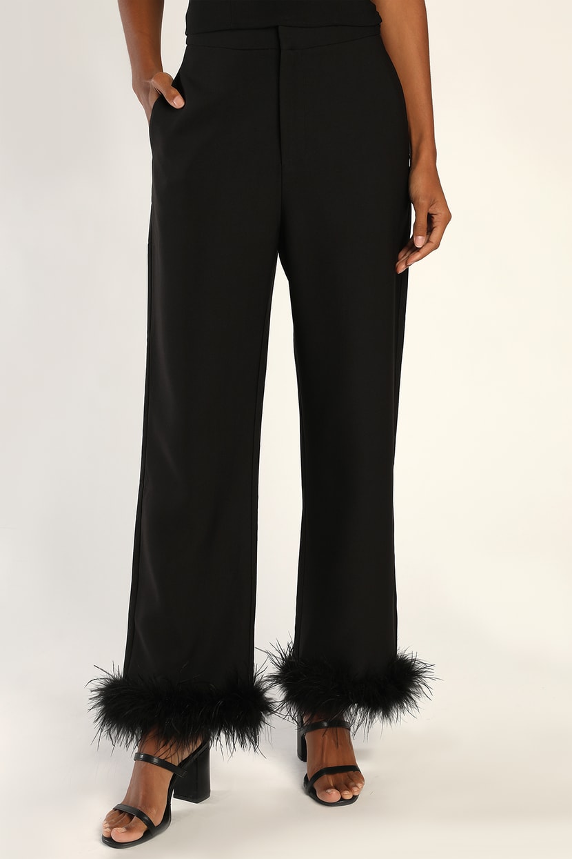 Flair for the Fabulous Black Feather Straight Leg Pants