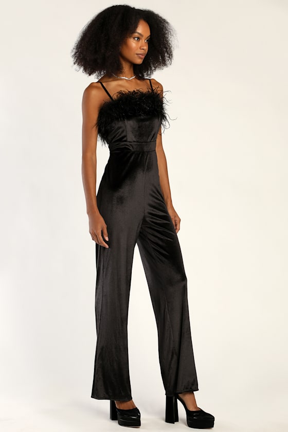 Black Velvet Jumpsuit Feather Jumpsuit Straight Leg Jumpsuit Lulus