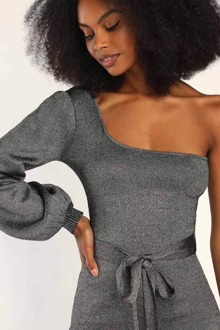 knee length dresses for ladies Space Oddity Metallic Knit Cowl Neck Mini Dress, Silver / M main image 1