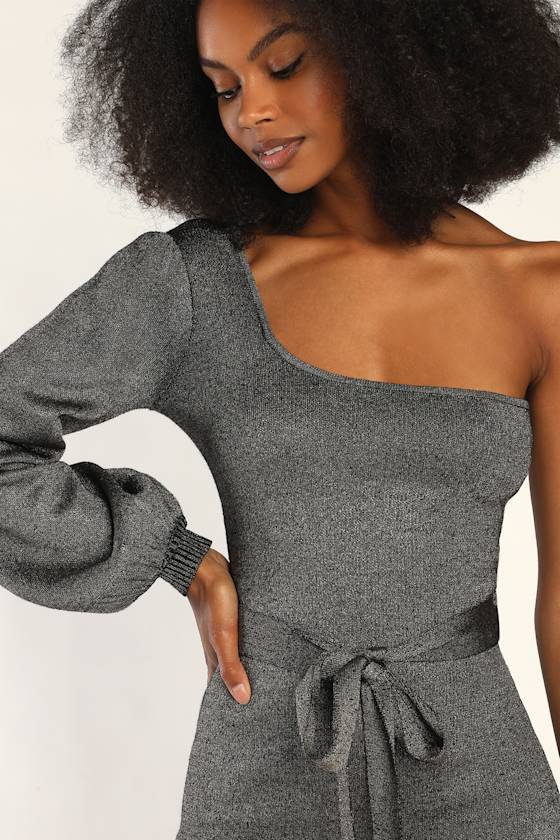 Cozy Glam Silver Metallic One-Shoulder Sweater Dress 2