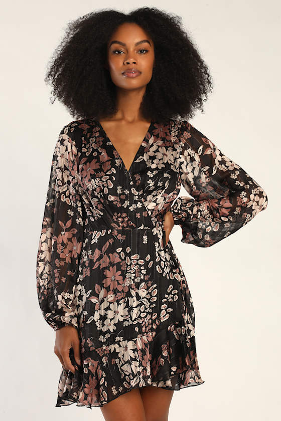 Splendid Sweetie Black Floral Print Long Sleeve Mini Wrap Dress 1