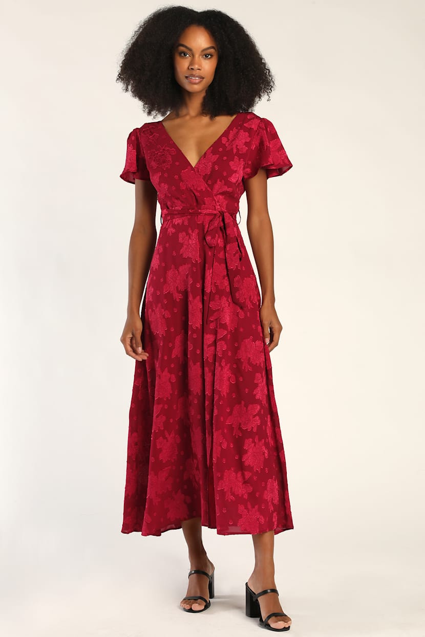 Wine Red Maxi Dress - Jacquard Maxi Dress - Surplice Maxi Dress - Lulus