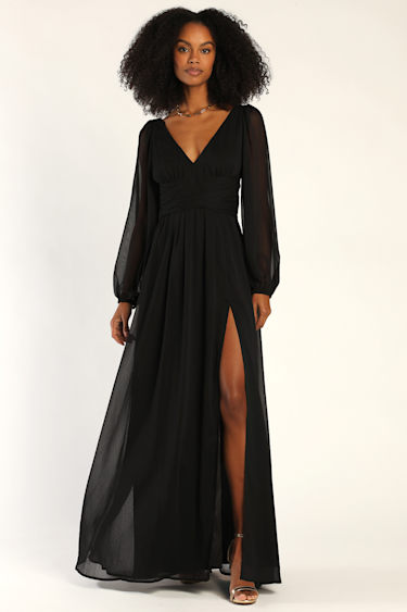 Black Maxi Dress Long Sleeve Gown V-Neck Maxi Dress Lulus