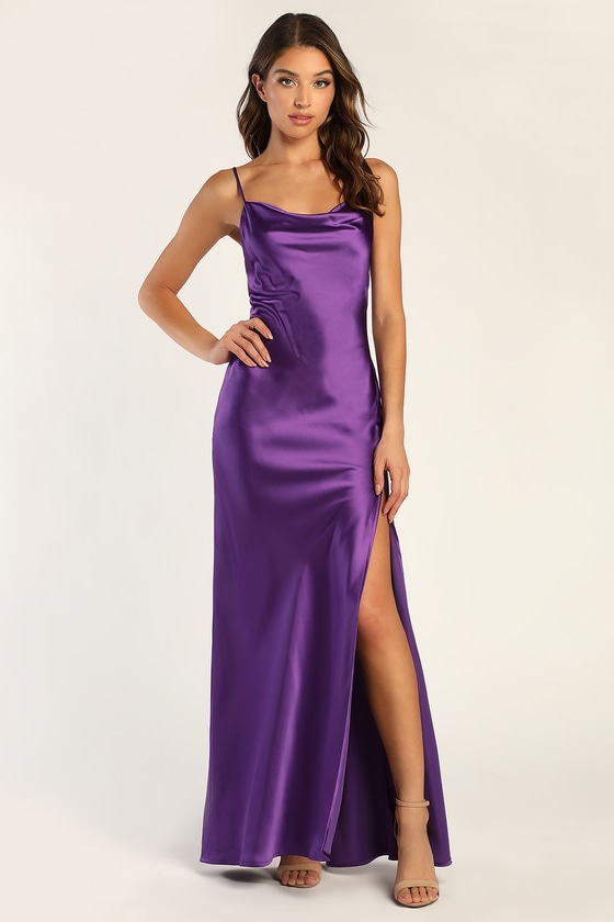 Dramatic Affair Purple Satin Cowl Neck Sleeveless Maxi Dress