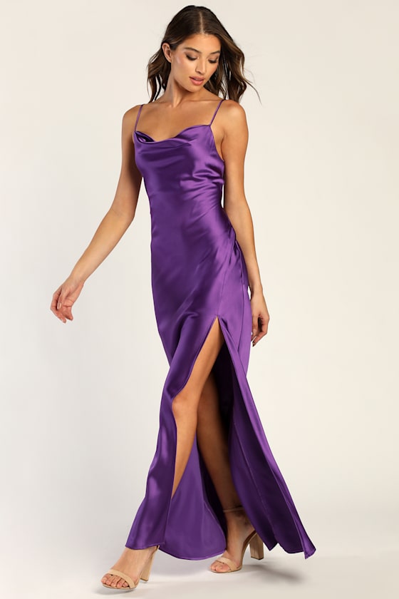 Dramatic Affair Purple Satin Cowl Neck Sleeveless Maxi Dress 7