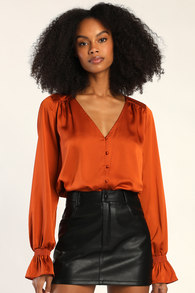 Essential Chic Rust Orange Satin Long Sleeve Button-Up Top