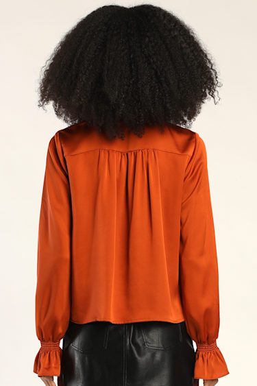 Rust Orange Button-Up Top Satin Top Satin Blouse Lulus