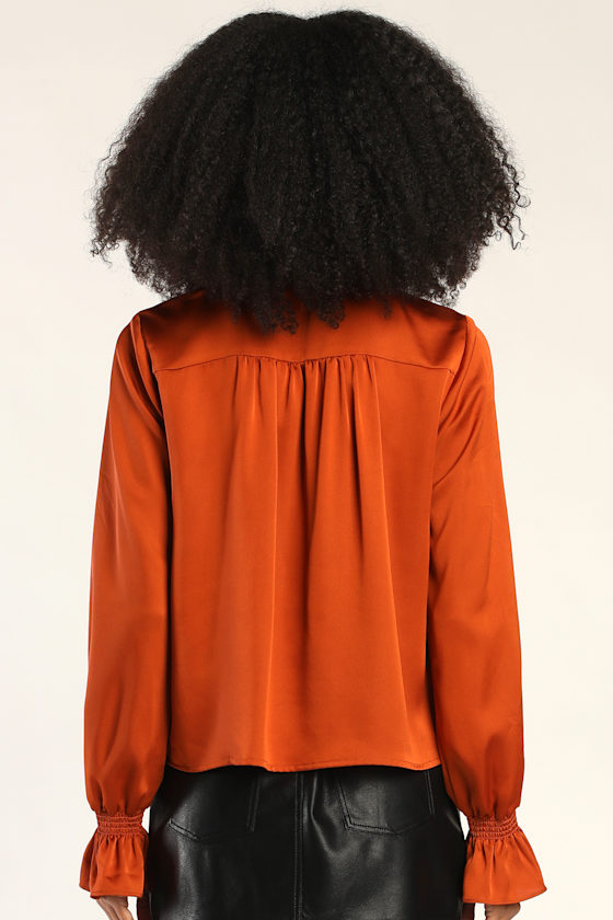 Essential Chic Rust Orange Satin Long Sleeve Button-Up Top 5