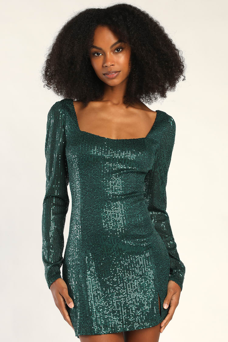 Green Sequin Dress - Two-Piece Dress - Long Sleeve Mini Dress - Lulus