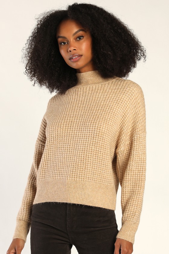 Chalet Charmer Beige Chunky Knit Mock Neck Sweater