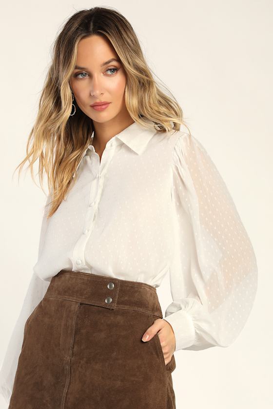 Ivory Clip Dot Top Long Sleeve Top Clip Dot Blouse Lulus