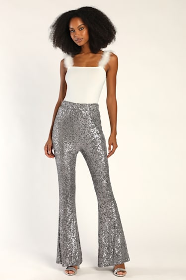 Womens Pants Silver Sequin Flared Trousers WREESH Womens Sparkle