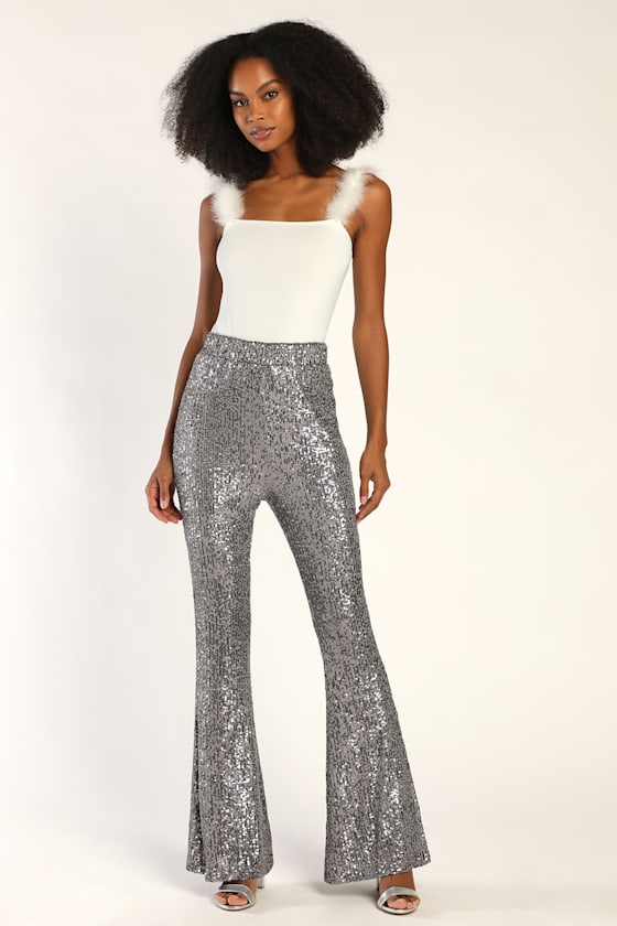 Shiny Statement Silver Sequin High-Waisted Flare Pants 5