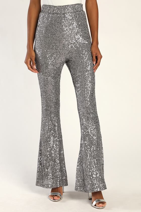 Shiny Statement Silver Sequin High-Waisted Flare Pants 4